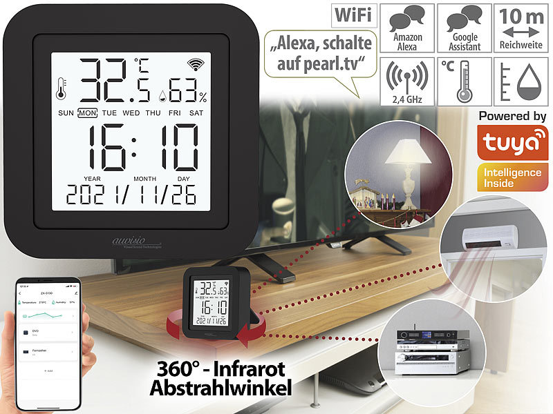 ; WLAN-Temperatur- & Luftfeuchtigkeits-Sensoren mit App und Sprachsteuerung WLAN-Temperatur- & Luftfeuchtigkeits-Sensoren mit App und Sprachsteuerung 
