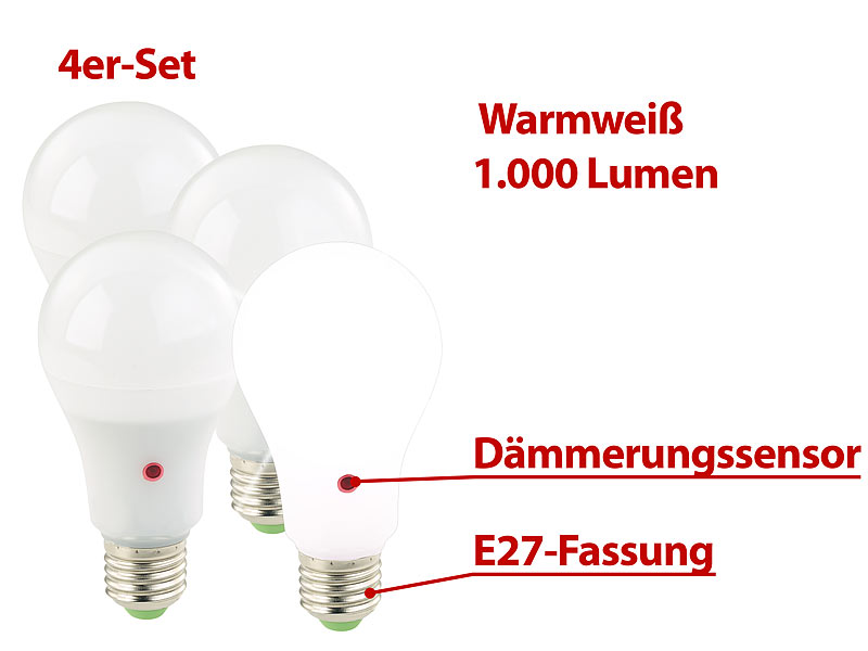 Luminea 4er-Set LED-Lampen mit Dämmerungssensor, E27, 12W, 1.000 lm,  warmweiß