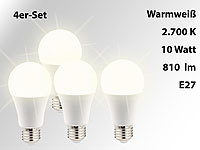 Luminea 4er-Set lichtstarke LED-Lampen E27, 10 Watt, 810 Lumen, A+, warmweiß; LED-Spots GU10 (warmweiß), LED-Tropfen E27 (tageslichtweiß) LED-Spots GU10 (warmweiß), LED-Tropfen E27 (tageslichtweiß) 