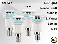 Luminea LED-Spot, dimmbar, E14, 60 LEDs, 3,3 Watt, weiß, 320 lm, 120°, 4er-Set; LED E14 Spotlampen LED E14 Spotlampen 