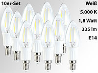 Luminea LED-Filament-Kerze, B35, 1,8 Watt, E14, weiß, 225 lm, 360°, 10er-Set