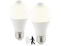 Luminea 2er-Set LED-Lampe, PIR-Sensor, 10 W, E27, warmweiß, 3000 K, 1.055 lm; LED-Tropfen E27 (warmweiß) LED-Tropfen E27 (warmweiß) LED-Tropfen E27 (warmweiß) LED-Tropfen E27 (warmweiß) 