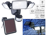 Luminea 3-fach-Solar-LED-Fluter für außen, PIR-Sensor, 32 W, 1.500 Lumen, IP44; Wasserfeste LED-Fluter (warmweiß) Wasserfeste LED-Fluter (warmweiß) Wasserfeste LED-Fluter (warmweiß) 
