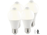 Luminea 4er-Set LED-Lampen, PIR-Sensor, 10 W, E27, warmweiß, 3000 K, 1.055 lm; LED-Tropfen E27 (warmweiß) LED-Tropfen E27 (warmweiß) LED-Tropfen E27 (warmweiß) LED-Tropfen E27 (warmweiß) 