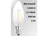Luminea LED-Filament-Kerze, B35, A++, E14, 3,5 W, 360 lm, 270°, 3000 K; LED-Tropfen E27 (warmweiß) LED-Tropfen E27 (warmweiß) 