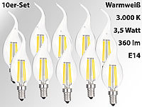 Luminea LED-Filament-Kerze, Ba35, E14, 3,5W, 360lm,270°,3000K,10er-Set; LED-Tropfen E27 (warmweiß) 