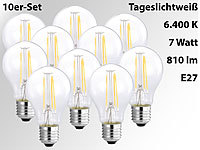 Luminea LED-Filament-Tropfen, A60, E27, 7W, 810lm, 270°,6400K,10er-Set; LED-Tropfen E27 (warmweiß) 