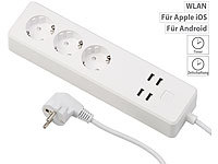 Luminea Home Control WLAN-Steckdosenleiste, 4x USB, für Siri, Alexa & Google Assistant, 16A; WLAN-Steckdosen mit Stromkosten-Messfunktion WLAN-Steckdosen mit Stromkosten-Messfunktion 