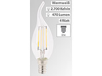 Luminea LED-Filament-Kerze, E14, A+, 4 Watt, 470 Lumen, 360°, warmweiß, Ba35; LED-Tropfen E27 (tageslichtweiß) 