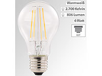 Luminea LED-Filament-Lampe, E27, A++, 6 Watt, 806 Lumen, 360°, warmweiß, A60; LED-Tropfen E27 (warmweiß) LED-Tropfen E27 (warmweiß) 