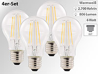 Luminea 4er-Set LED-Filament-Lampen, E27, A++, 6 W, 806 Lumen, 360°, warmweiß; LED-Spots GU10 (warmweiß), LED-Tropfen E27 (tageslichtweiß) LED-Spots GU10 (warmweiß), LED-Tropfen E27 (tageslichtweiß) 