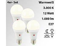 Luminea 4er-Set LED-Lampen mit Dämmerungssensor, E27, 12W, 1.000 lm, warmweiß; LED-Tropfen E27 (warmweiß) LED-Tropfen E27 (warmweiß) 
