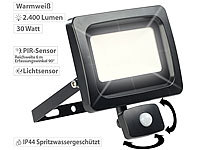 Luminea LED-Fluter mit PIR-Sensor, 30 Watt, 2.400 Lumen, warmweiß, IP44; Wasserfeste LED-Fluter (warmweiß) 