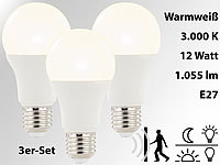 Luminea LED-Lampe mit Radar-Bewegungs und Lichtsensor, 12 Watt, E27, 3er-Set; LED-Tropfen E27 (warmweiß) LED-Tropfen E27 (warmweiß) LED-Tropfen E27 (warmweiß) 