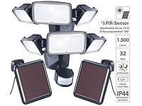 Luminea 2er-Set 3-fach-Solar-LED-Fluter für außen, PIR-Sensor, 32 W, 1.500 lm; Solar-LED-Wandlichter mit Nachtlicht-Funktion, Wetterfeste LED-Fluter mit Radar-Bewegungssensor (warmweiß) Solar-LED-Wandlichter mit Nachtlicht-Funktion, Wetterfeste LED-Fluter mit Radar-Bewegungssensor (warmweiß) 