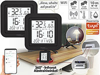 Luminea Home Control 2er-Set lernfähige IR-Fernbedienungen, Temperatur/Luftfeuchte, App; WLAN-Temperatur- & Luftfeuchtigkeits-Sensoren mit App-Auswertungen WLAN-Temperatur- & Luftfeuchtigkeits-Sensoren mit App-Auswertungen 