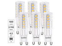 Luminea 6er-Set LED-Stiftsockellampe G9 4,5W (ersetzt 30W) 480lm warmweiß 360°; LED-Spots GU10 (warmweiß), LED-Tropfen E27 (tageslichtweiß) LED-Spots GU10 (warmweiß), LED-Tropfen E27 (tageslichtweiß) 