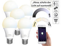 Luminea Home Control 5er-Set WLAN-LED-Lampen, E27, 806lm, für Alexa & Google Assistant, CCT; WLAN-LED-Lampen E27 RGBW WLAN-LED-Lampen E27 RGBW WLAN-LED-Lampen E27 RGBW 