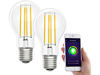 Luminea Home Control LED-Filament-Lampe, komp. zu Amazon Alexa / GA, 6500 K 2er-Set; WLAN-LED-Lampen E27 RGBW WLAN-LED-Lampen E27 RGBW 