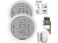 Luminea Home Control 2er-Set WLAN-Temperatur & Luftfeuchtigkeits-Sensor mit App; WLAN-Tür & Fensteralarme WLAN-Tür & Fensteralarme WLAN-Tür & Fensteralarme 