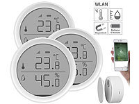 Luminea Home Control 3er-Set WLAN-Temperatur & Luftfeuchtigkeits-Sensoren mit App; WLAN-Steckdosen mit Stromkosten-Messfunktion WLAN-Steckdosen mit Stromkosten-Messfunktion WLAN-Steckdosen mit Stromkosten-Messfunktion WLAN-Steckdosen mit Stromkosten-Messfunktion 