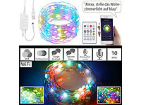 Luminea Home Control RGB-LED-Lichterdraht mit Musik-Steuerung, WLAN und App, USB, 10 m; WLAN-LED-Lampen E27 RGBW 