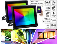 Luminea Home Control 2er-Set WLAN-Fluter, RGB-CCT-LEDs, App, 4.000 lm, 50 W, IP65; WLAN-LED-Lampen E27 RGBW 