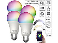 Luminea Home Control 4er-Set WLAN-LED-Lampen, E27, RGB-CCT, 11W(ersetzt 120W), 1.055lm, App; WLAN-LED-Lampen GU10 RGBW WLAN-LED-Lampen GU10 RGBW 