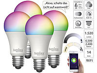 Luminea Home Control 4er-Set WLAN-LED-Lampen, E27, RGB-CCT, 14W(ersetzt 150W), 1.520lm, App; WLAN-LED-Lampen GU10 RGBW 