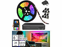 Luminea Home Control HDMI-TV-Sync-Box für Ambiente-Licht, RGB-IC-LEDs, 4K UHD, WLAN, 55–65"; USB-WLAN-LED-Streifen-Set in RGB mit Sprach- & Soundsteuerung USB-WLAN-LED-Streifen-Set in RGB mit Sprach- & Soundsteuerung 