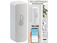 Luminea Home Control WLAN-Temperatur & Luftfeuchtigkeits-Sensor mit App & Sprachsteuerung; WLAN-Steckdosen mit Stromkosten-Messfunktion WLAN-Steckdosen mit Stromkosten-Messfunktion 