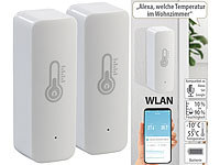Luminea Home Control WLAN-Temperatur & Luftfeuchtigkeits-Sensor mit App, 2er-Set; WLAN-Steckdosen mit Stromkosten-Messfunktion WLAN-Steckdosen mit Stromkosten-Messfunktion 