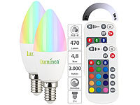 Luminea 2er-Set LED-Kerzen E14, RGBW, 4,8 W (ersetzt 40 W), 470 Lumen, dimmbar; LED-Tropfen E27 (warmweiß) 