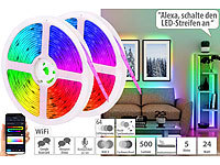 Luminea Home Control 2er-Set WLAN-RGBIC-LED-Lichtstreifen, App, Sprach & Soundsteuerung,5m; WLAN-LED-Steh-/Eck-Leuchten mit App WLAN-LED-Steh-/Eck-Leuchten mit App WLAN-LED-Steh-/Eck-Leuchten mit App WLAN-LED-Steh-/Eck-Leuchten mit App 