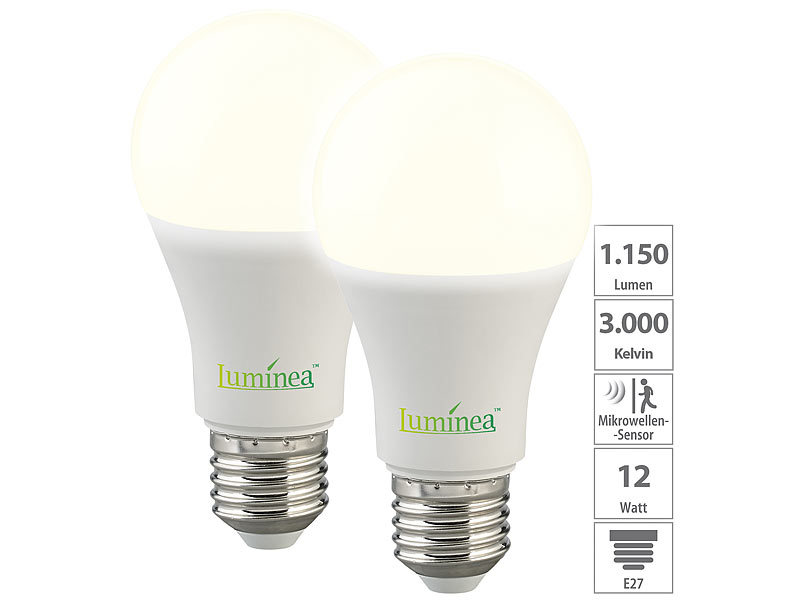 Luminea 2er-Set LED-Lampen mit Radar-Sensor, E27, 12 Watt, 1.150 lm, F,  3000 K