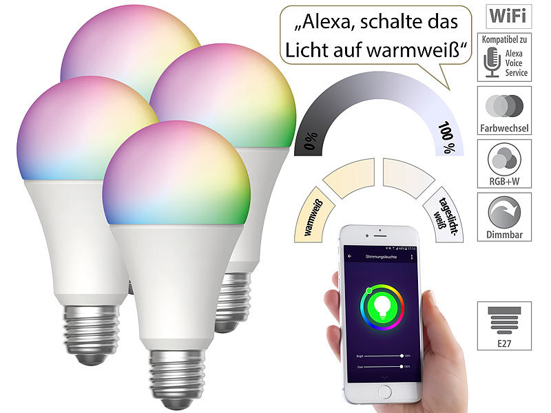 Luminea Home Control 4er-Set WLAN-LED-Lampen, E27, RGB-CCT, 9W (ersetzt  75W), F, 800lm, App
