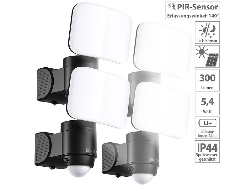 Luminea 4er-Set kabellose LED-Außenstrahler, PIR-Bewegungsmelder, 300 lm,  IP44