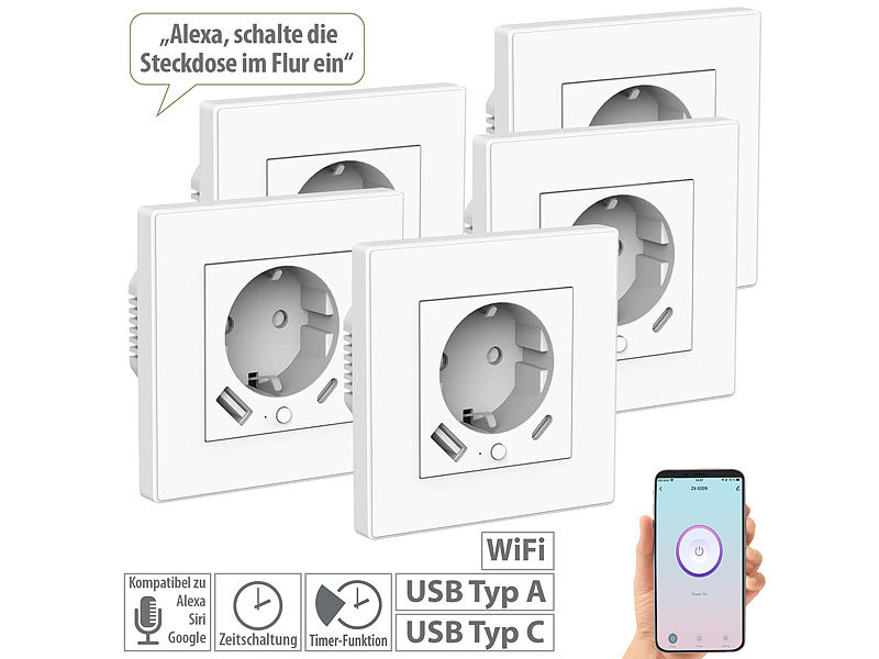 Luminea Home Control 4er-Set WLAN-Steckdosen, Apple-HomeKit-zertifiziert,  Sprachsteuerung