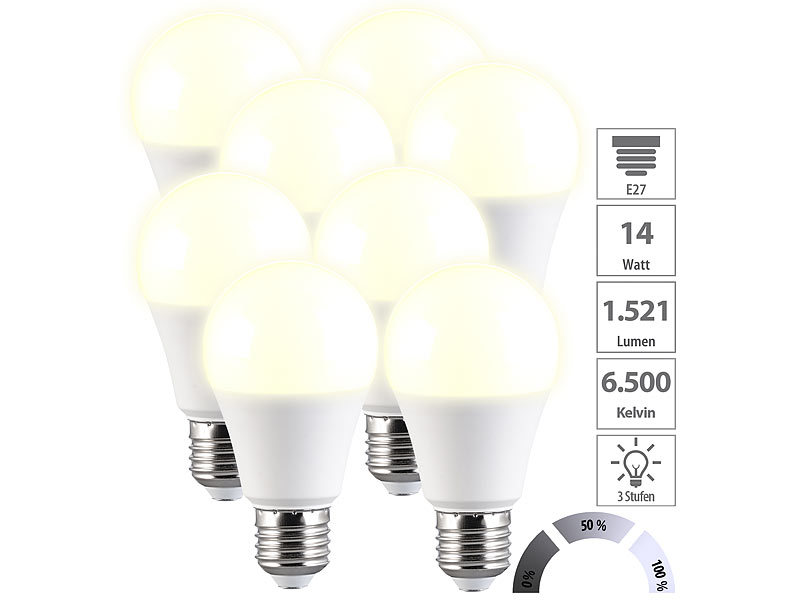 3000 F 1.521 W, lm, 3 mit Luminea 8er-Set K, Helligkeits-Stufen, 14 LED-Lampen